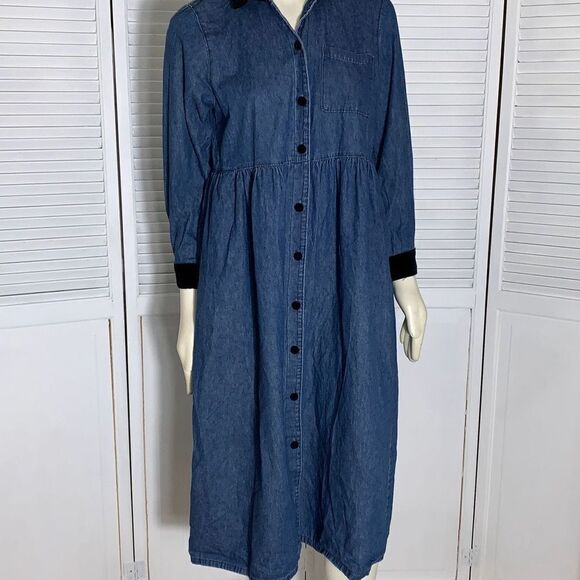 Vintage Coldwater Creek Denim Velvet Button Down Dress Medium - Picture 2 of 16